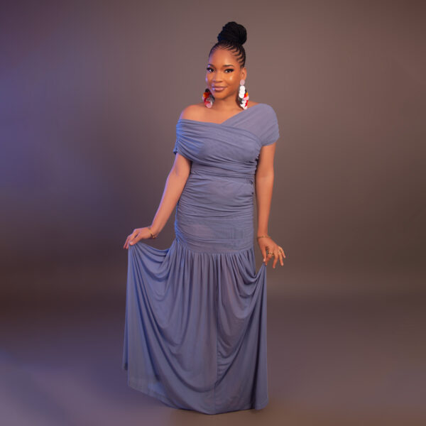 The Azure Flow Dress (Off-Shoulder Elegance)